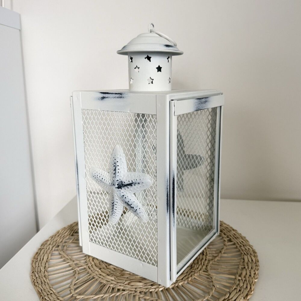 Rustic Distressed Coastal White Metal Candle Lantern with Starfish Accent